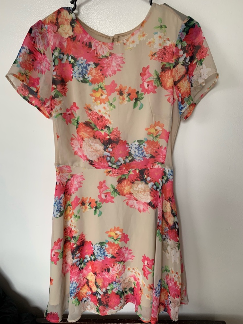Urban Outfitters Beige Floral Mini Dress with Pink & Coral Blooms